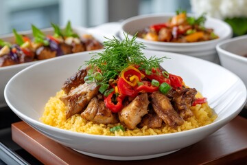 Fototapeta premium Flavorful chicken and rice bowl with fresh dill and peppers