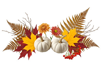 Isolated Autumnal Display with White Pumpkins , leaves and flowers .