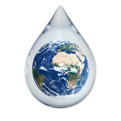 Crystal water drop with Earth inside representing sustainability, isolated on white, transparent background. Ecology infographic