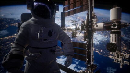 An astronaut floats in the vastness of space, gear gleaming under the sunlight. The International Space Station looms majestically in the background, surrounded by Earth’s beauty at night. © icetray