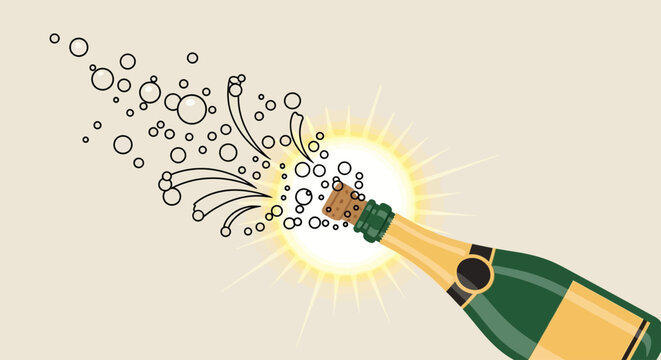 Champagne bottle popping cork with bubbles and light burst, celebration.