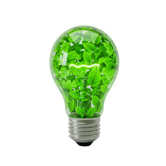3D render of light bulb glowing with green leaf texture inside symbolizing eco-friendliness, isolated on white, transparent background. Ecology infographic
