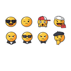 Set of 8 Emoji Faces Depicting Various Emotions and Styles - Happy, Surprised, Hungry, Angry, Sad, Cool, and Hipster Avatars - Cute Cartoon Emoticons for Digital Communication and Messaging.