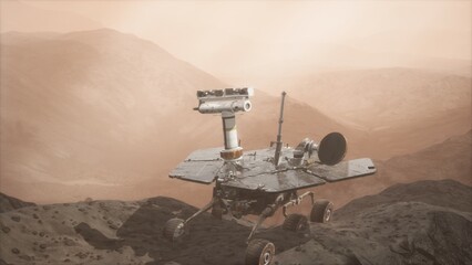 A robotic rover navigates the rocky Martian landscape, exploring the unique geology and atmosphere of the red planet during its mission to gather valuable data and images.