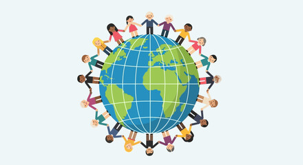 Diverse group of people holding hands around the globe, symbolizing unity and global community.