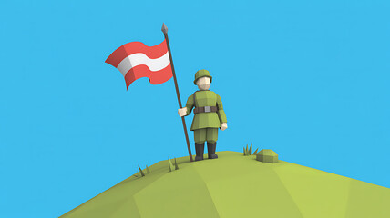 Low poly soldier in uniform holding austrian flag on hilltop against blue sky