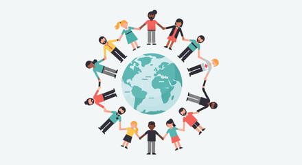 A diverse group of people holding hands around the Earth, symbolizing global unity and community.