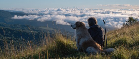 Serene Moment: Blind Person Cuddling Dog on Grassy Hill Overlooking Town, Cane on Lap, Peaceful Atmosphere with Panoramic View