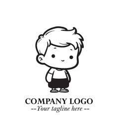 Black and White Chibi Boy Illustration with Jacket and Boots in Bold Thick Line Art Minimal Style