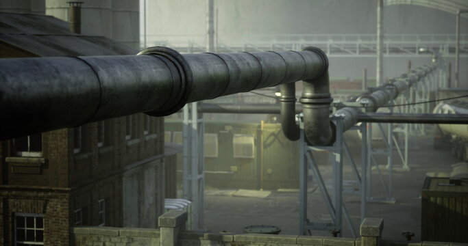 Metal pipes stretch across an industrial landscape, connecting various buildings while enveloped in a hazy atmosphere during early morning. The scene features a mix of brick and metal structures.