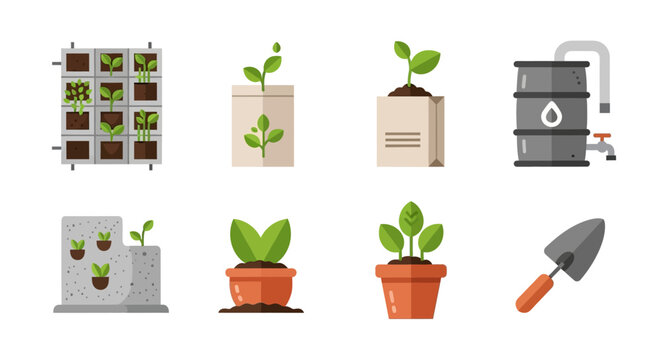 Urban Gardening Vector Icons, vertical garden, rain barrel, and trowel for city farm branding