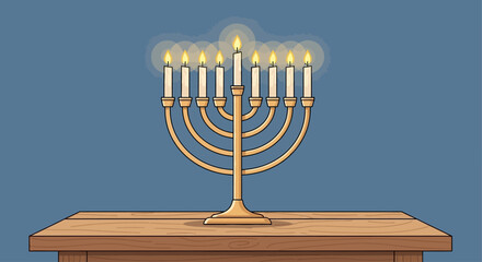 An illustrated golden Hanukkah menorah with nine lit candles resting on a wooden table against a blue background.
