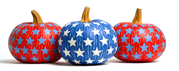 Three pumpkins are decorated with stars, with each one displaying a vibrant color scheme that signifies celebration of United States