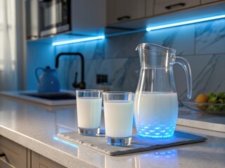 Bright Countertop Pitcher and Glasses with Blue Light