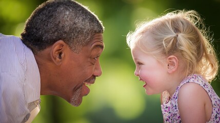 A father and daughter sharing a warm moment in a sunlit natural setting.