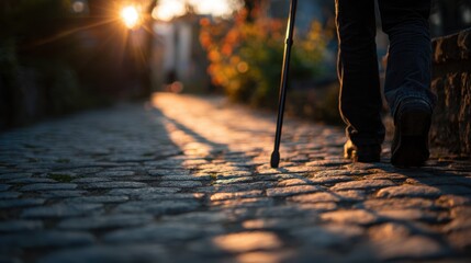 Exploring Old Town with Forearm Crutches: Accessible Traveler on Cobbled Path at Golden Hour