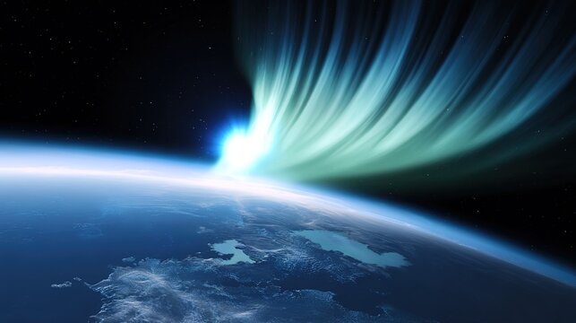 thermosphere. A painterly solar corona explosion with rippling aurora energy cascading toward a small blue planet. STEM education sheets.