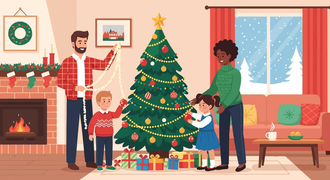 A happy multiracial family with two children decorating a Christmas tree together in a cozy living room with a fireplace. - Powered by Adobe