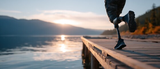 Serene Prosthetic Leg Traveler Balancing at Sunrise on Pier, Enjoying Calm Lake Scenery