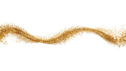 An elegant, dynamic wave of shimmering golden sand particles flows in an abstract stream across a pristine white background