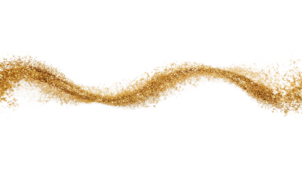 An elegant, dynamic wave of shimmering golden sand particles flows in an abstract stream across a pristine white background