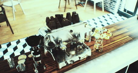 A sleek coffee machine gleams on a polished wooden counter, surrounded by glass jars of treats. The cozy cafe boasts modern decor and vibrant flooring, inviting patrons to enjoy their brews.