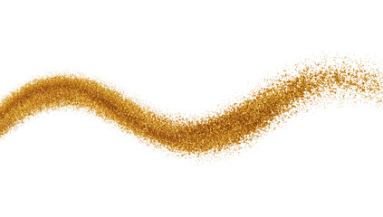 An elegant and dynamic wavy stream of golden brown sand particles flowing in an abstract curve, realistically rendered and isolated on a clean white background