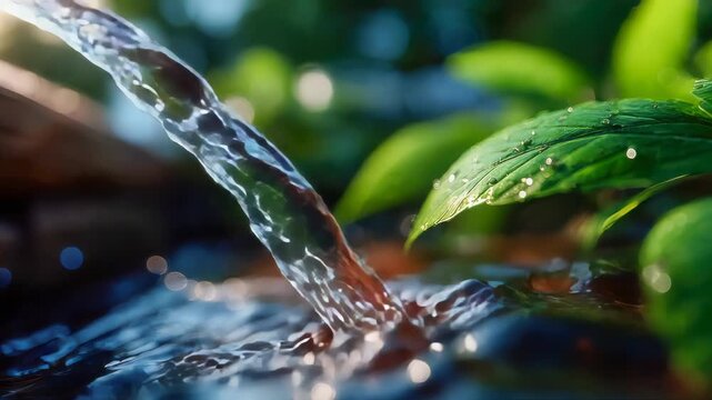 Crystal-clear water flowing beside a green leaf in sunlight, symbolizing freshness, nature, and purity