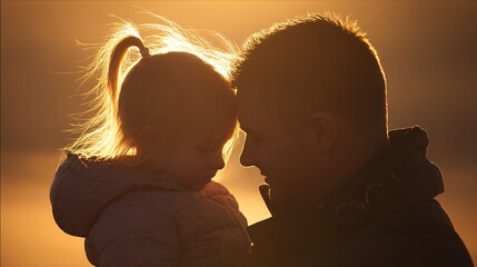 A father and daughter sharing a tender moment in silhouette against a breathtaking sunset.