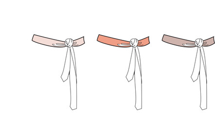 Fashion design technical flat sketch of a fabric belt with a tied bow knot, presented in a set of three color variations © Tamanna