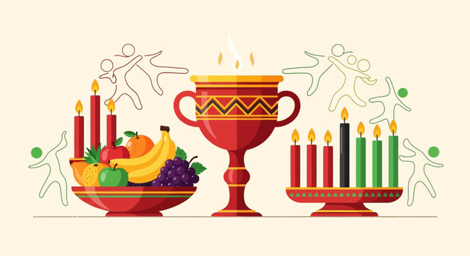 A festive Kwanzaa celebration scene with a Kinara, unity cup, and a bowl of fresh harvest fruits.