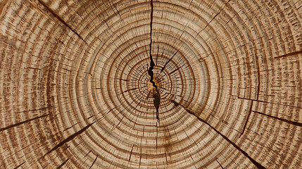 Naklejka premium Close-up of a Tree Trunk Cross Section with Visible Annual Rings and Cracks, Showing Age and Texture of the Wood Grain, Nature Background