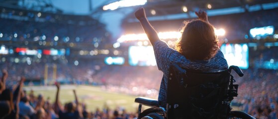 Inclusive Stadium Experience: Wheelchair Traveler Enjoying Clear Sightlines and Scoreboard Glow with Friends Cheering