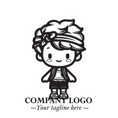 Black and White Chibi Boy Illustration with Jacket and Boots in Bold Thick Line Art Minimal Style