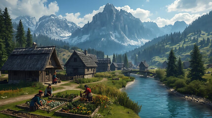 Picturesque Mountain Village Scene with Gardeners, Wooden Houses, River, and Majestic Peaks under a Blue Sky, Evoking a Sense of Tranquility