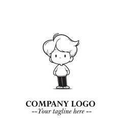 Black and White Chibi Boy Illustration with Jacket and Boots in Bold Thick Line Art Minimal Style