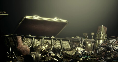 An open treasure chest overflows with ancient artifacts and valuables, including ornate vessels and jewelry, all illuminated by a soft, mysterious light in a shadowy setting.