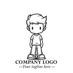 Black and White Chibi Boy Illustration with Jacket and Boots in Bold Thick Line Art Minimal Style