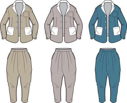 Technical flat sketch of a casual suit with jacket and pleated tapered trousers. Apparel design template showing three colorways for a fashion collection