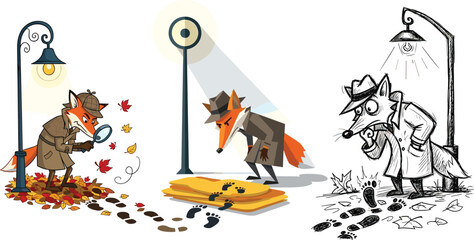 Clever cartoon fox detective investigating footprints under street lamps, funny mystery animal illustration, autumn scene with magnifying glass