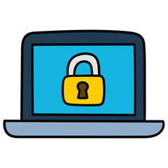 Hand-drawn cartoon laptop with padlock on a white background.