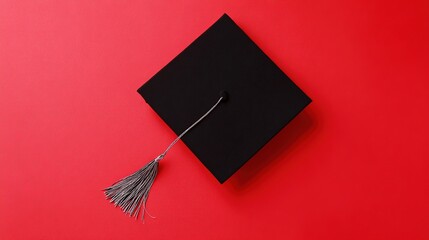 scholar. A graduation cap with a tassel, isolated on a solid red background. event programs, museum guides, designed for cultural heritage projects and event programs, preserves heritage.