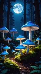 Fototapeta premium Moonlit Mushroom Magic: A surreal nighttime scene unfolds in a forest, as vibrant blue mushrooms glow under the ethereal light of a full moon, creating a magical atmosphere.