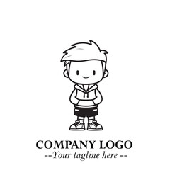 Black and White Chibi Boy Illustration with Jacket and Boots in Bold Thick Line Art Minimal Style