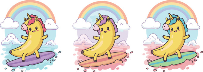 Cute banana unicorn surfing rainbow waves, adorable fantasy cartoon illustration, colorful magical beach scene, fun creative kawaii art