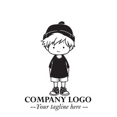 Black and White Chibi Boy Illustration with Jacket and Boots in Bold Thick Line Art Minimal Style