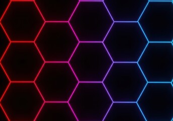 Abstract geometric pattern of glowing neon hexagons in red, pink, and blue on a dark background