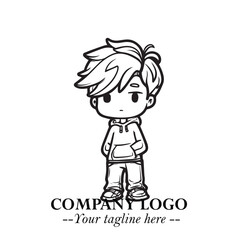 Black and White Chibi Boy Illustration with Jacket and Boots in Bold Thick Line Art Minimal Style