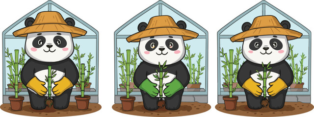 Cute panda gardener planting bamboo in greenhouse, cartoon panda farming illustration, eco-friendly agriculture and nature care concept