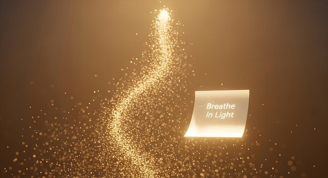 Experience serene tranquility with glowing golden particles and a calming message of 'Breathe In Light' creating an atmosphere of peace and rejuvenation for your wellness projects.